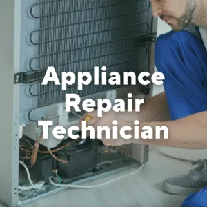 Photo of person working on electrical wiring. Text overlay, "Appliance Repair Technician."