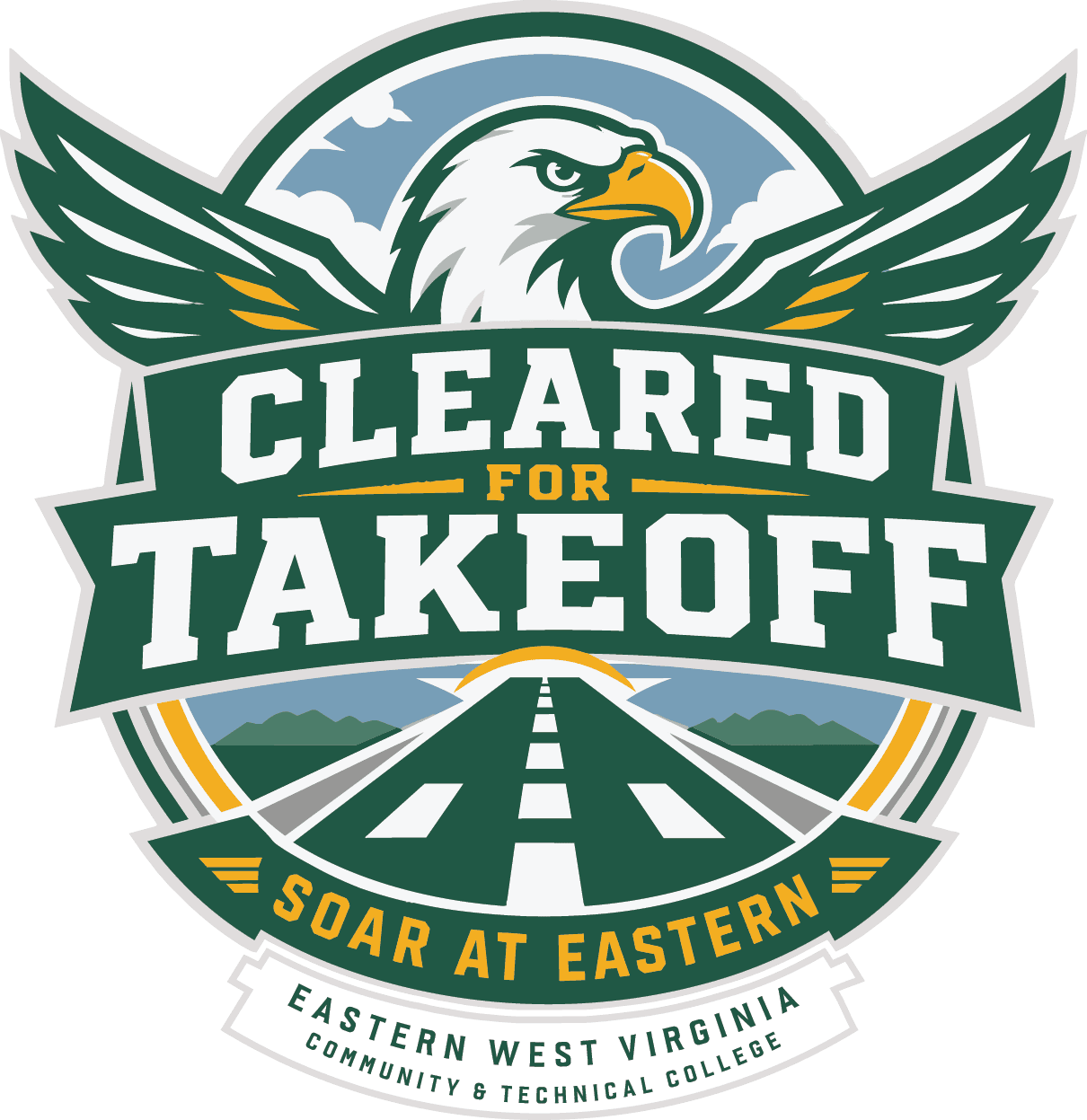 Logo of an eagle with spread wings over text, "Cleared for Takeoff." Plane runway below and more text, "Soar at Eastern."
