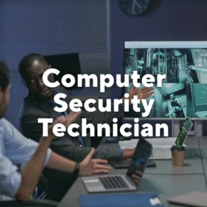 Photo of men speaking with laptops and large screen. Text overlay, "Computer Security Technician."