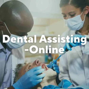 Photo of a man having dental work done with two dental professionals by him. Text overlay, "Dental Assisting-Online."