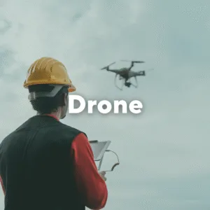 Photo of person operating a drone. Text overlay, "Drone."