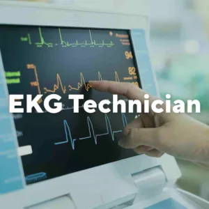 Photo of a person pointing to lines on a heart monitor machine. Text overlay, "EKG Technician."