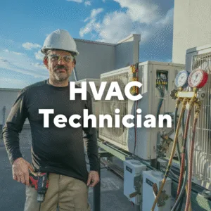 Photo of a man next to valves and gauges. Text overlay, "HVAC Technician."
