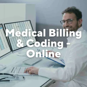 Photo of a man in a lab coat smiling at camera. Text overlay, "Medical Billing & Coding-Online."