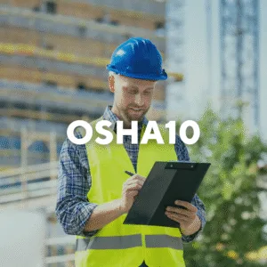 Photo of a man writing on a clipboard. Text overlay, "OSHA10."
