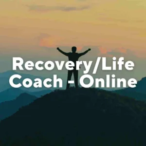 Silhouette of a person on top of a mountain with their arms stretched out in triumph. Text overlay, "Recovery/Life Coach-Online."