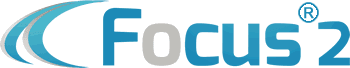 Blue and gray Focus2 logo with design element to the left of text.
