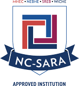 Shield logo for NC-SARA. Approved Institution. Acronyms at top of logo: MHEC, NEBHE, SREB, WICHE.